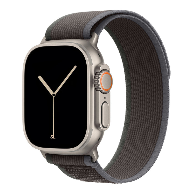 A dark grey colour watch strap band made from nylon on an Apple watch series 10 42mm/ 45mm/ 46mm and ultra 2 designed for the mountain trail trekking and active sports