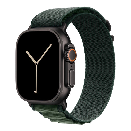 A dark green colour premium nylon watch strap band designed for adventurers and explorers that wear the Apple watch series 10 and Ultra 2