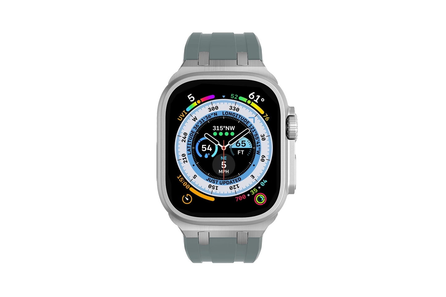 Premium Dark Grey colour rubber with stainless steel metal connectors and buckles for Apple Watch Series 9 45mm and Ultra 2 49mm