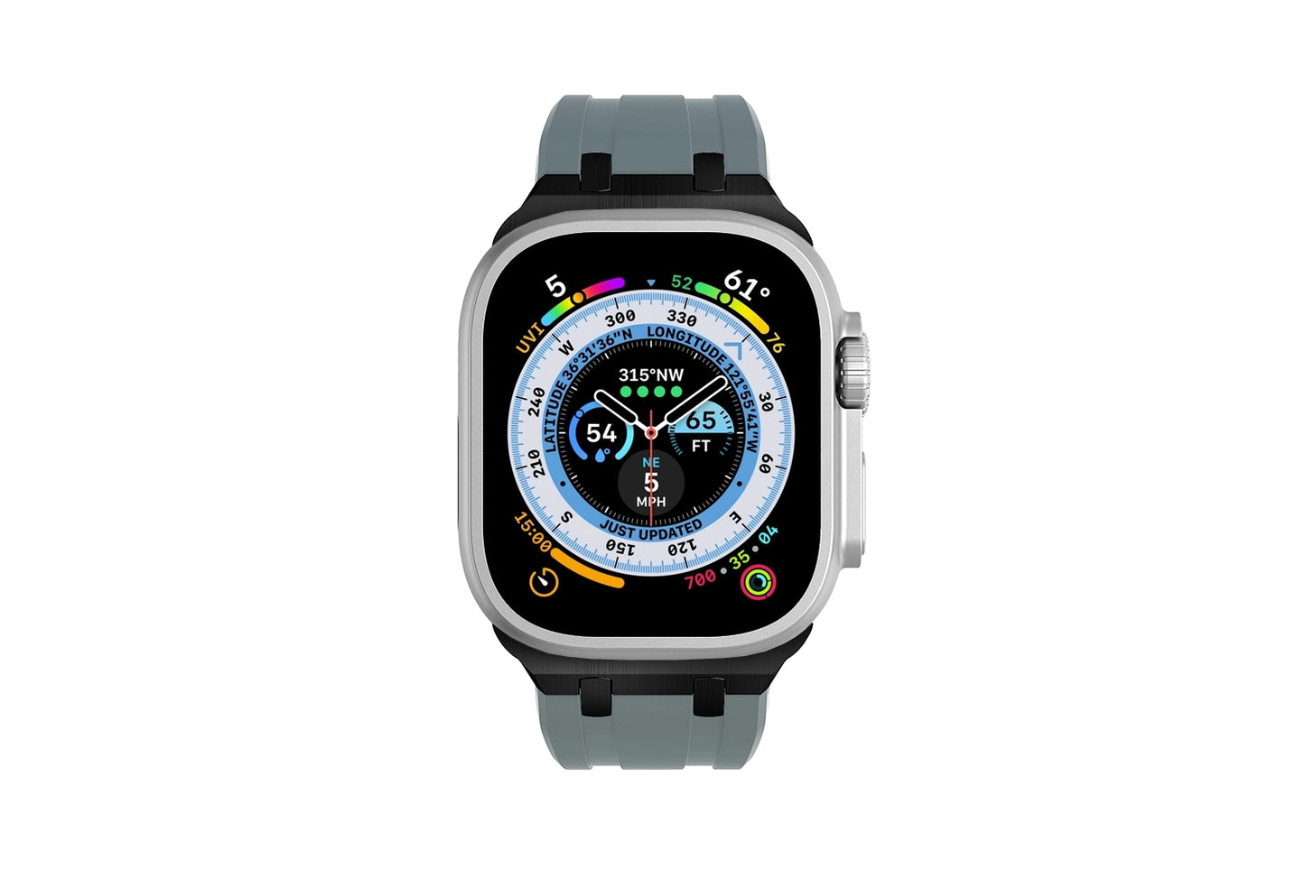 Premium Dark Grey colour rubber with black stainless steel metal connectors and buckles for Apple Watch Series 9 45mm and Ultra 2 49mm