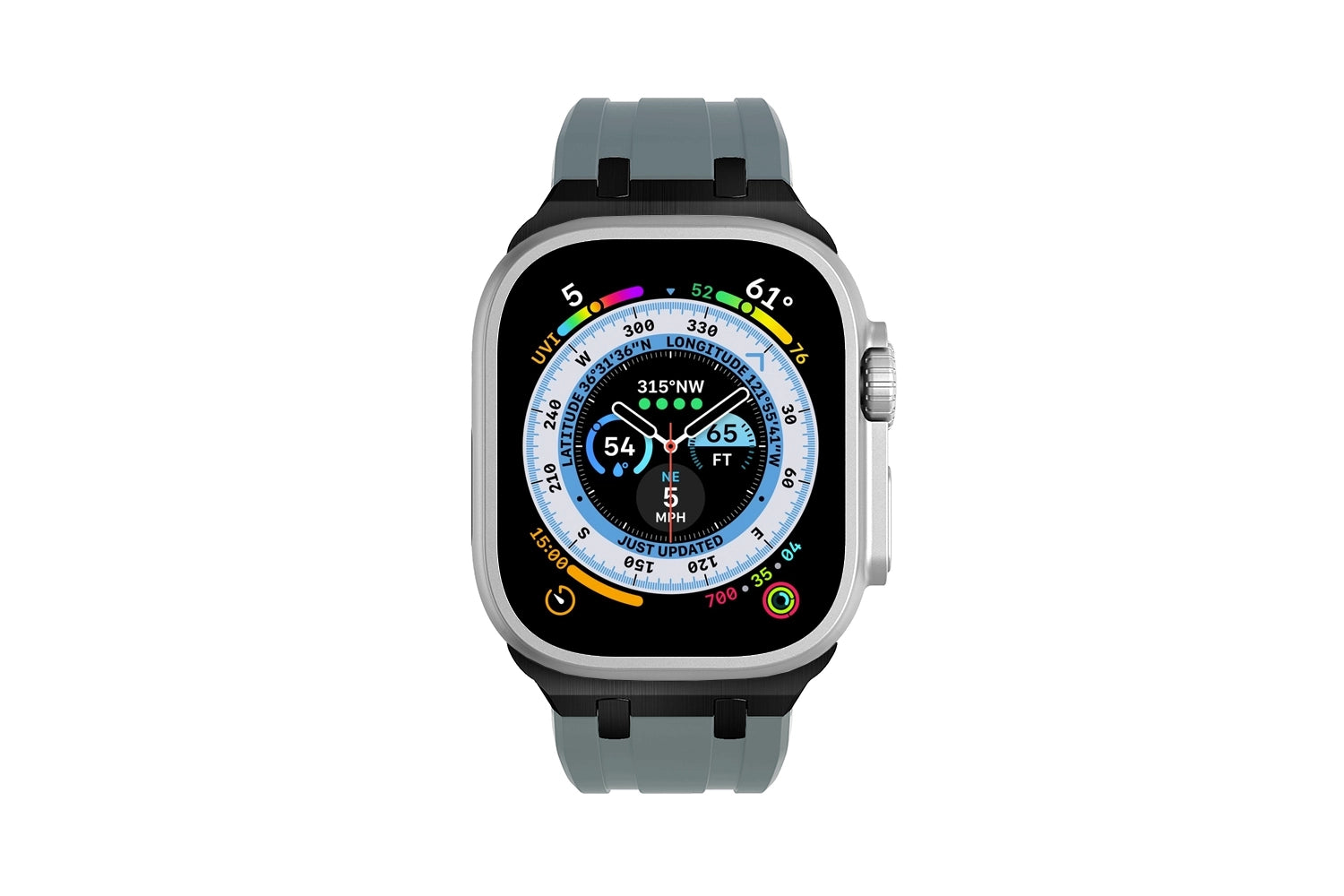 Premium Dark Grey colour rubber with black stainless steel metal connectors and buckles for Apple Watch Series 9 45mm and Ultra 2 49mm
