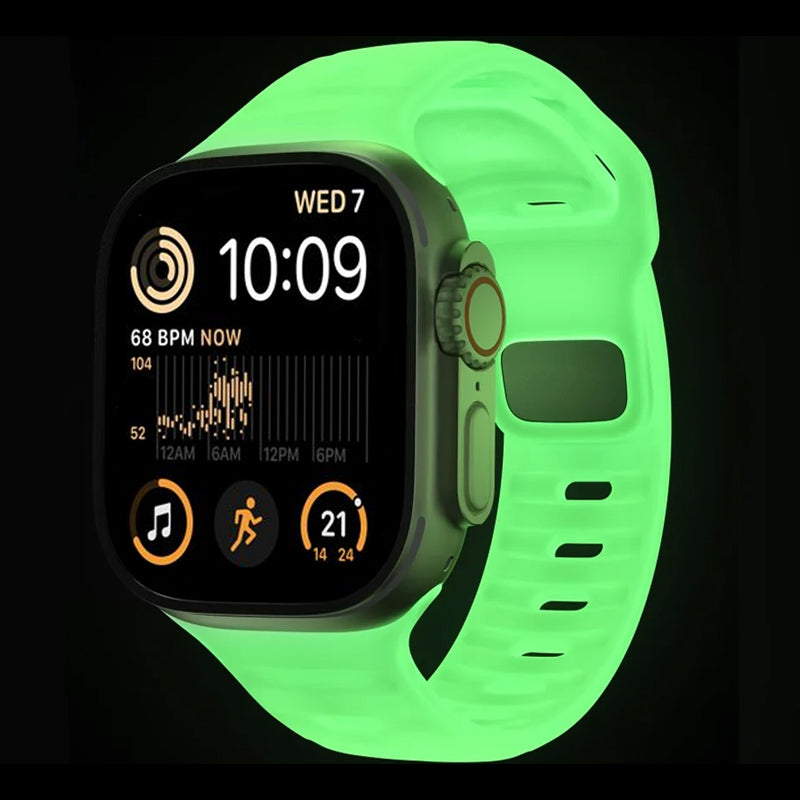A unique glow in the dark colour silicon watch strap for apple watch ultra designed for sports and active activities