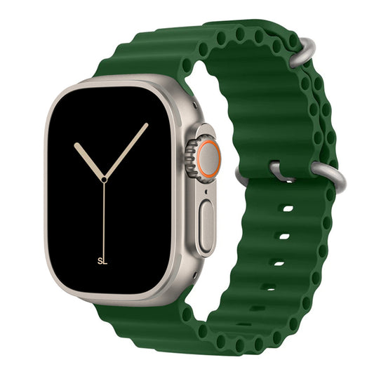 A green colour watch strap band made from silicone  with two metal buckles on an Apple watch series 10 42mm/ 45mm/ 46mm and ultra 2 designed for the ocean and active sports
