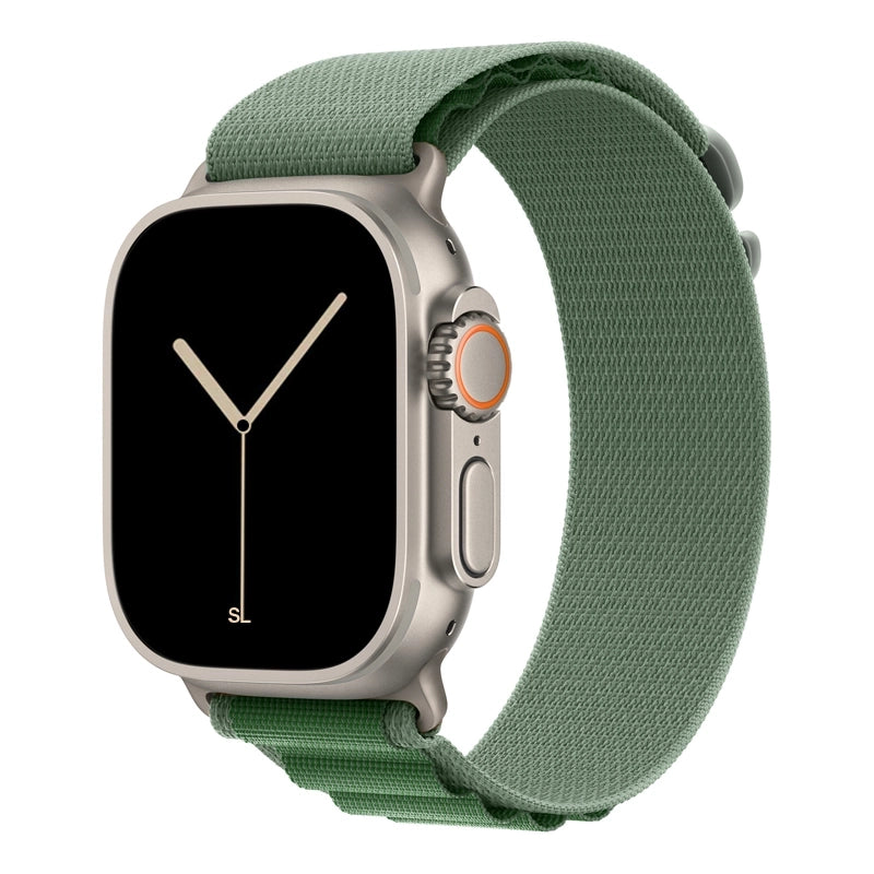 A green colour premium nylon watch strap band designed for adventurers and explorers that wear the Apple watch series 10 and Ultra 2
