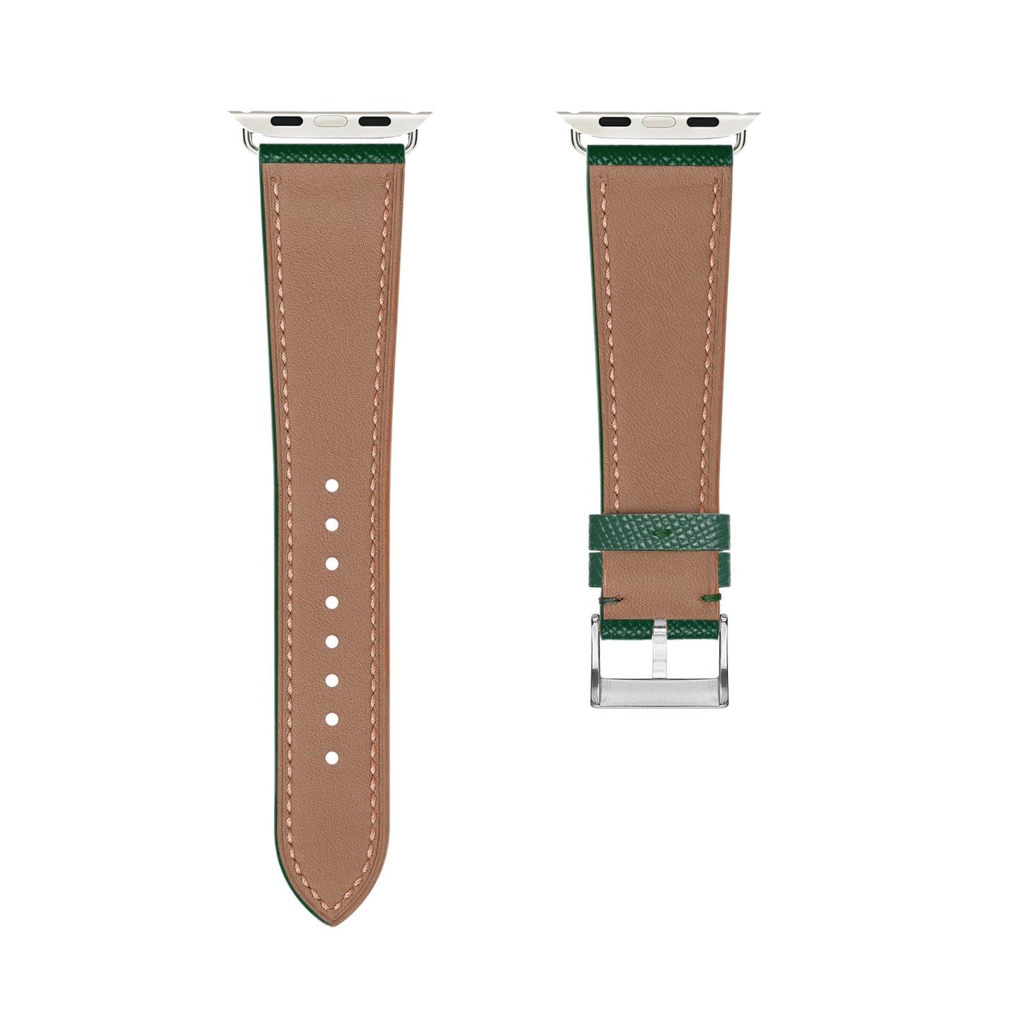 A set of dark green coloured french Saffiano leather pattern handcrafted for apple watch series 10 45mm and 46mm made for people to wear to work or to fancy event