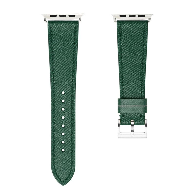 A set of dark green coloured french Saffiano leather pattern handcrafted for apple watch series 10 45mm and 46mm made for people to wear to work or to fancy event