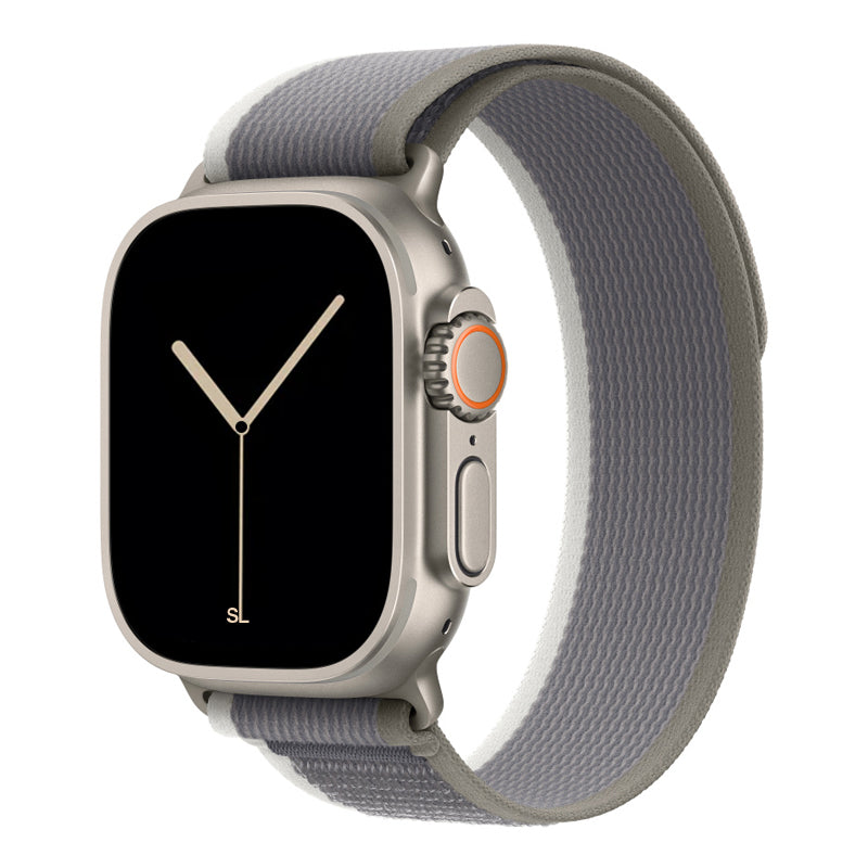 A green grey colour watch strap band made from nylon on an Apple watch series 10 42mm/ 45mm/ 46mm and ultra 2 designed for the mountain trail trekking and active sports