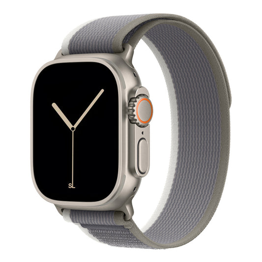 A green grey colour watch strap band made from nylon on an Apple watch series 10 42mm/ 45mm/ 46mm and ultra 2 designed for the mountain trail trekking and active sports