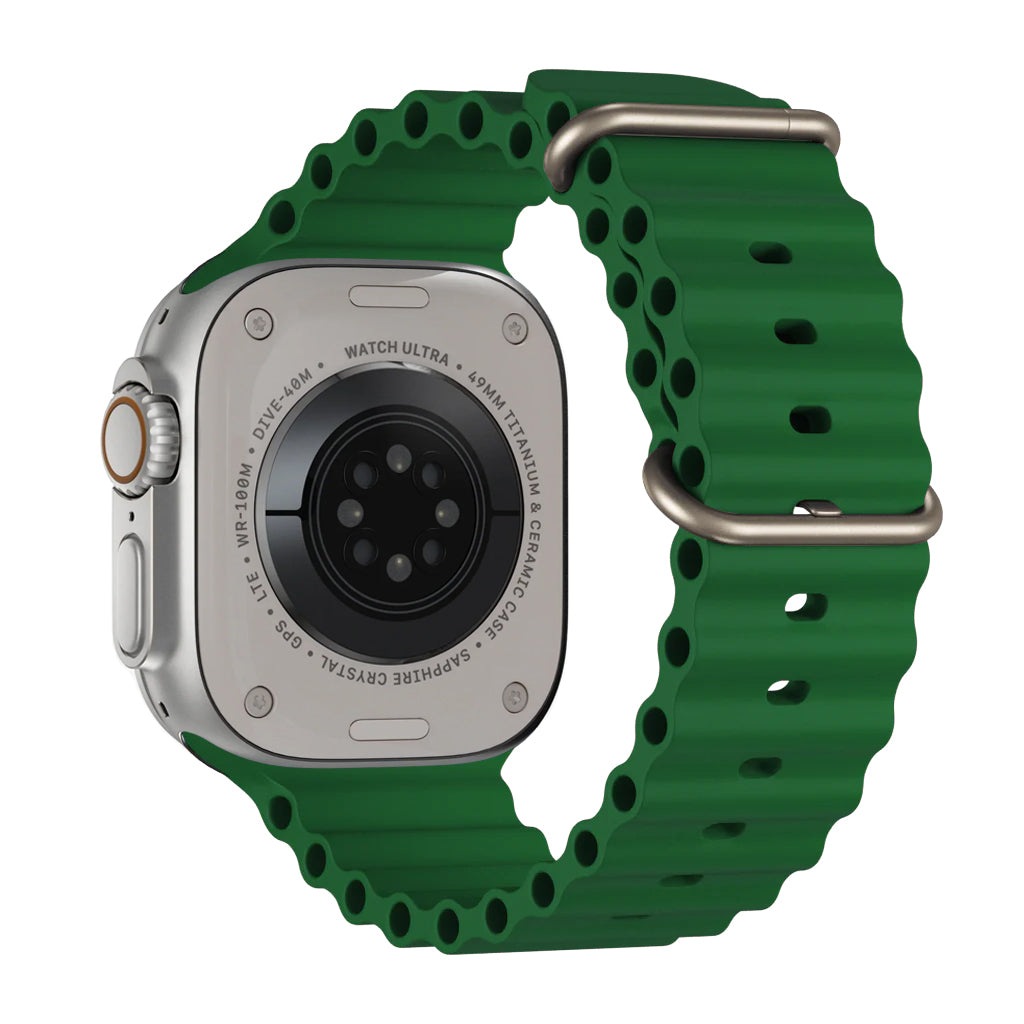 A green colour watch strap band made from silicone  with two metal buckles on an Apple watch series 10 42mm/ 45mm/ 46mm and ultra 2 designed for the ocean and active sports