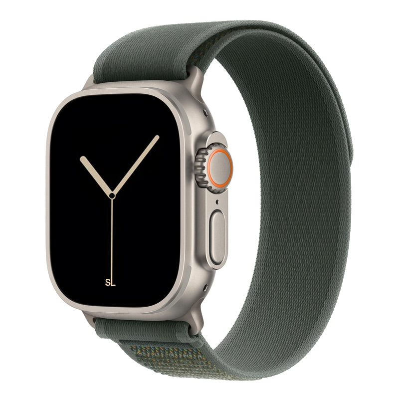 A green colour watch strap band made from nylon on an Apple watch series 10 42mm/ 45mm/ 46mm and ultra 2 designed for the mountain trail trekking and active sports