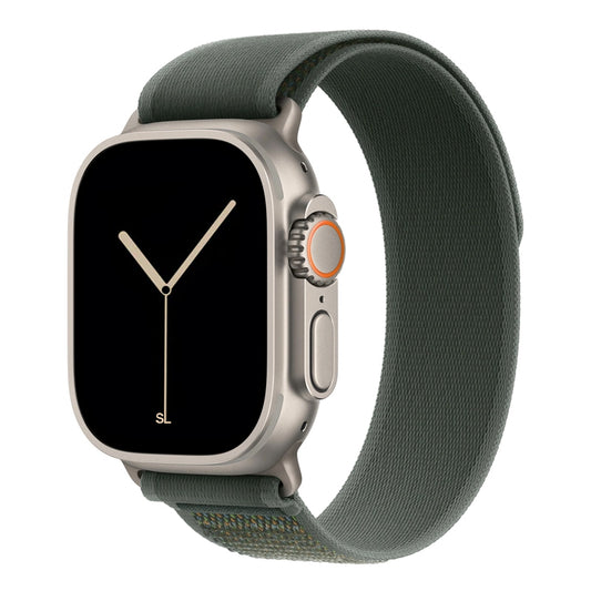 A green colour watch strap band made from nylon on an Apple watch series 10 42mm/ 45mm/ 46mm and ultra 2 designed for the mountain trail trekking and active sports