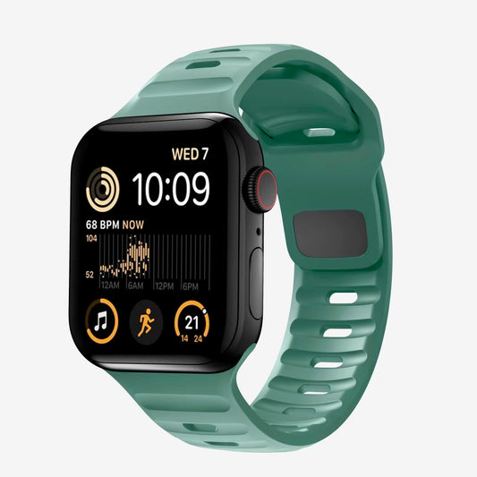 A green colour silicon watch strap for apple watch series 8 45mm designed for active sports and heavy duty activities