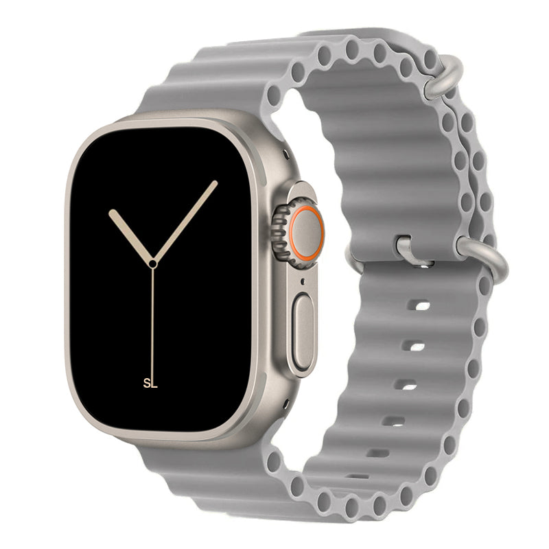 A grey colour watch strap band made from silicone with two metal buckles on an Apple watch series 10 42mm/ 45mm/ 46mm and ultra 2 designed for the ocean and active sports