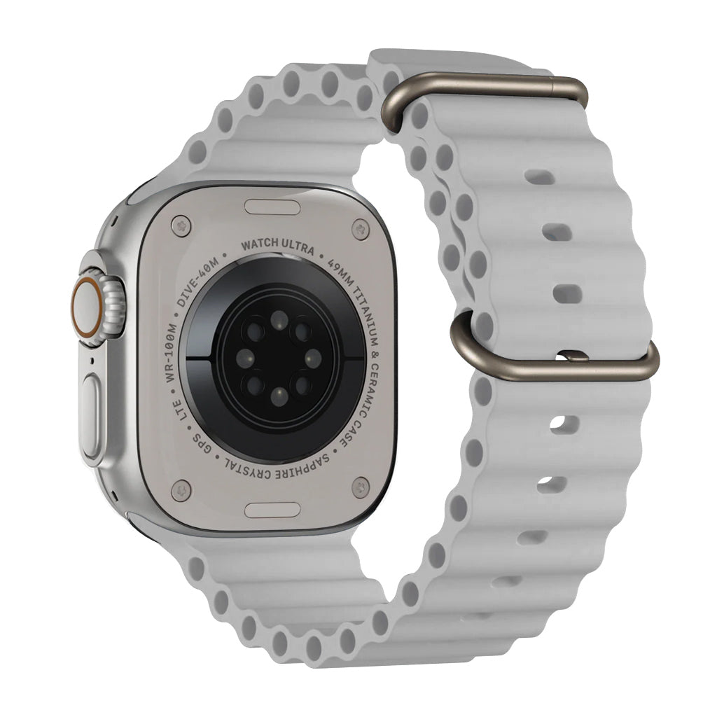 A grey colour watch strap band made from silicone with two metal buckles on an Apple watch series 10 42mm/ 45mm/ 46mm and ultra 2 designed for the ocean and active sports