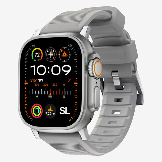New grey silicone with metal connectors, pin and buckle watch strap with compression grooves designed for apple watch series 10 45mm 46mm and ultra 2 side angle