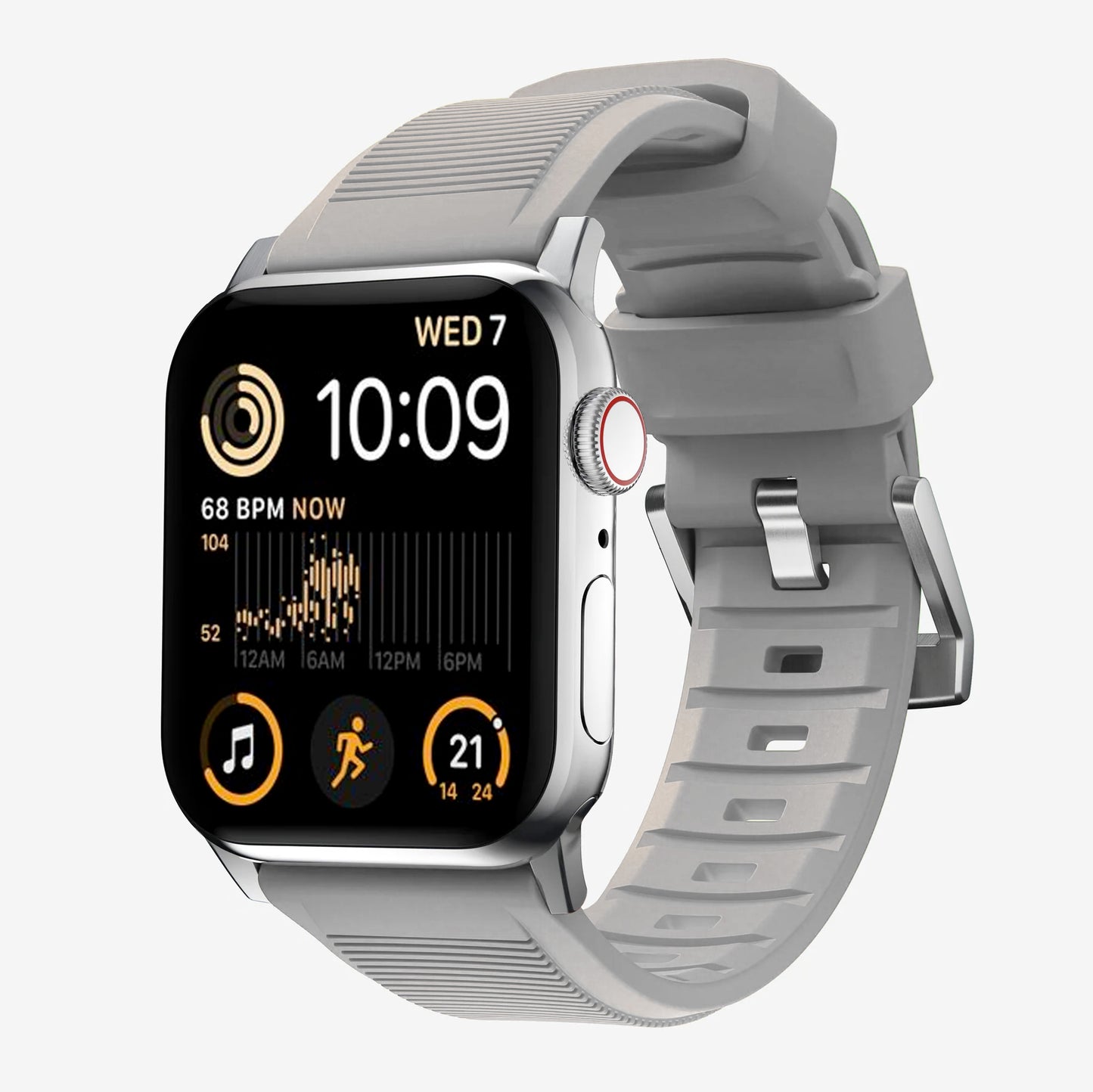 New grey silicone with metal connectors, pin and buckle watch strap with compression grooves designed for apple watch series 10 45mm 46mm and ultra 2 side angle