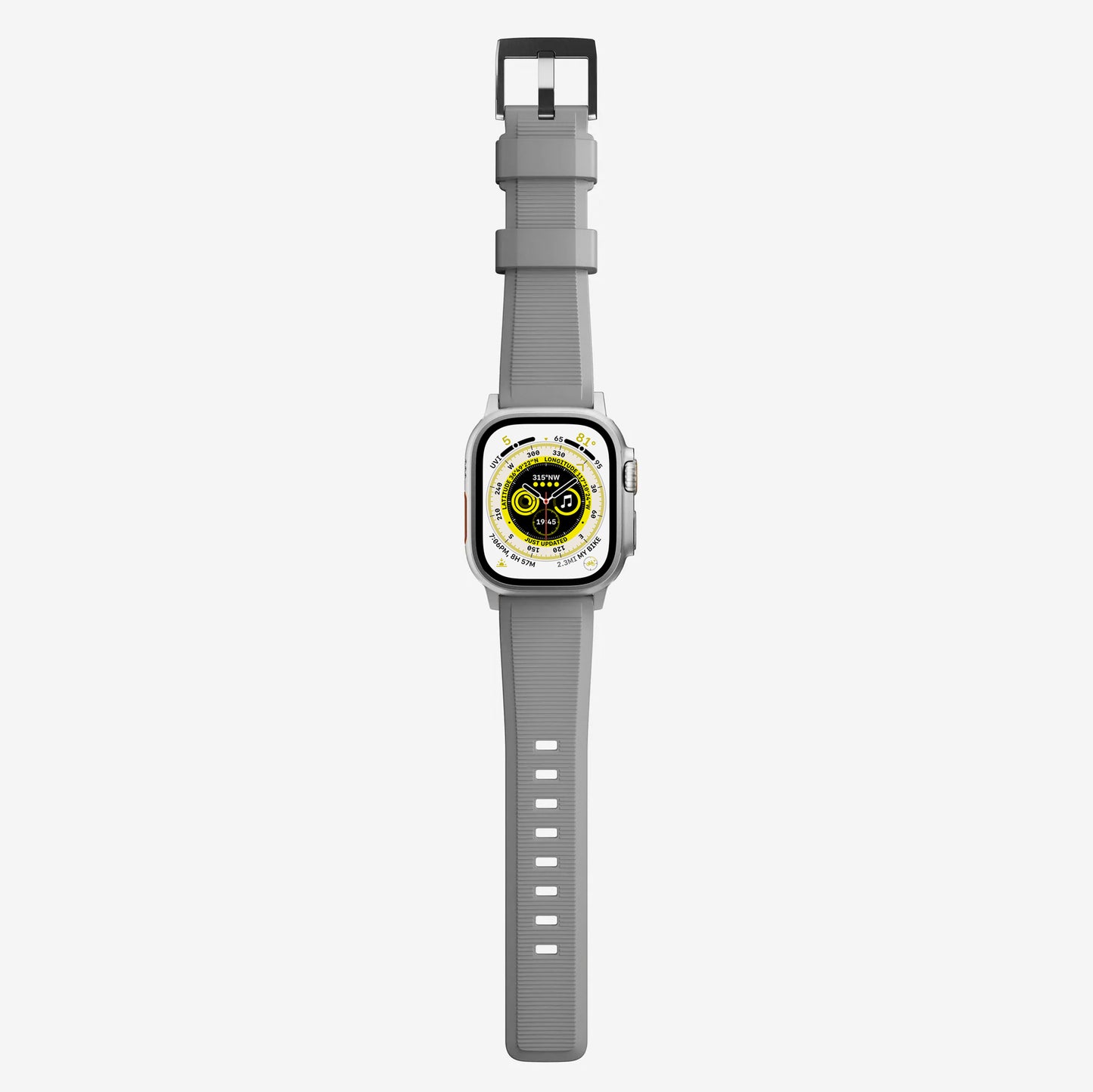New grey silicone with metal connectors, pin and buckle watch strap with compression grooves designed for apple watch series 10 45mm 46mm and ultra 2 side angle