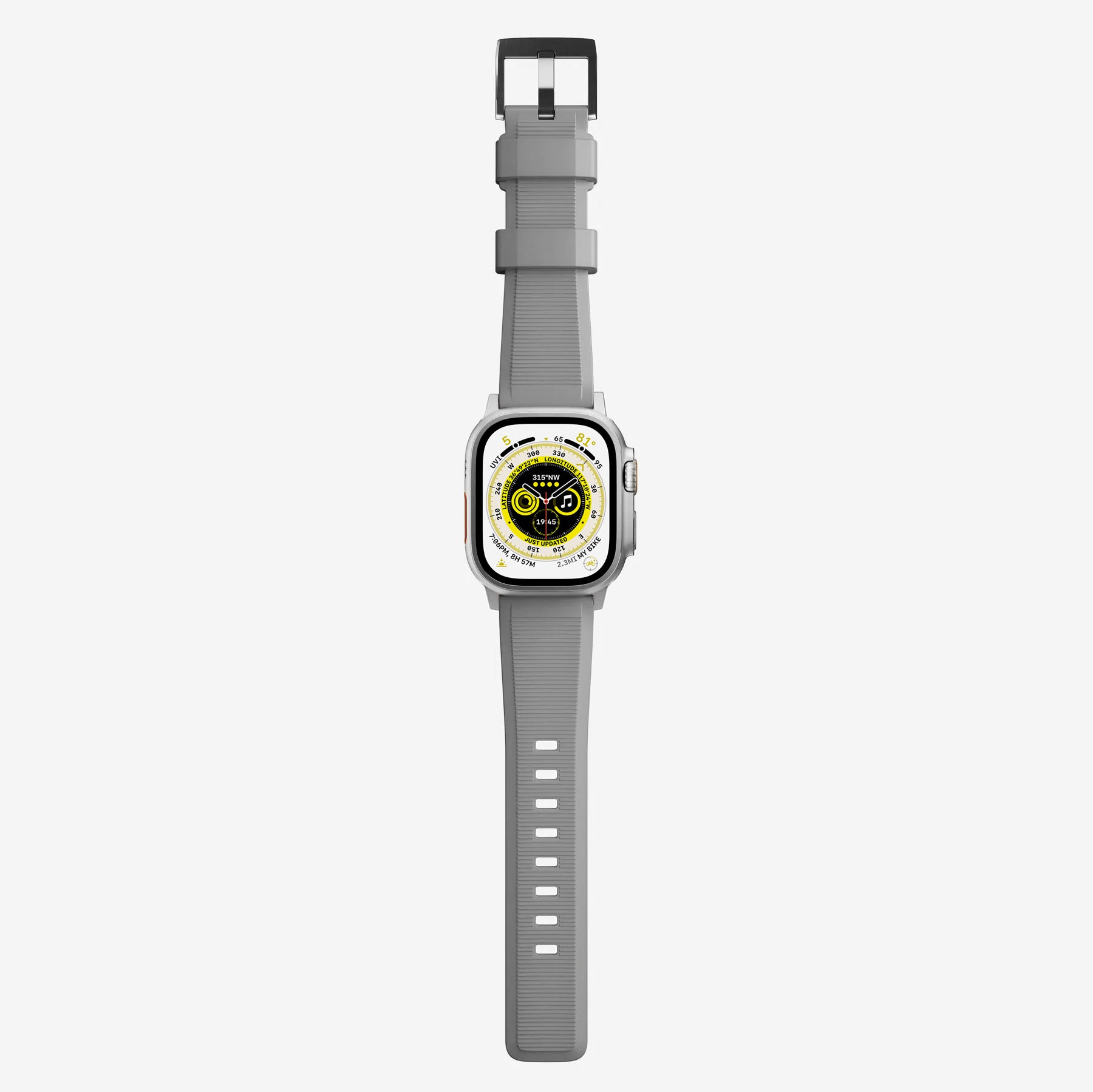 New grey silicone with metal connectors, pin and buckle watch strap with compression grooves designed for apple watch series 10 45mm 46mm and ultra 2 side angle