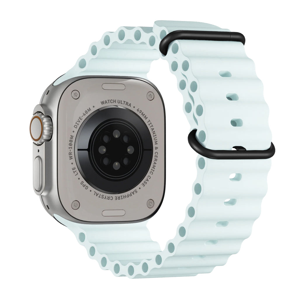 An ice blue colour watch strap band made from silicone  with two metal buckles on an Apple watch series 10 42mm/ 45mm/ 46mm and ultra 2 designed for the ocean and active sports