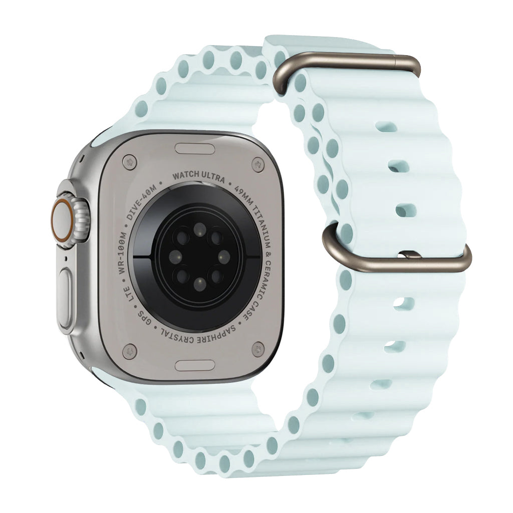 An ice blue colour watch strap band made from silicone with two metal buckles on an Apple watch series 10 42mm/ 45mm/ 46mm and ultra 2 designed for the ocean and active sports