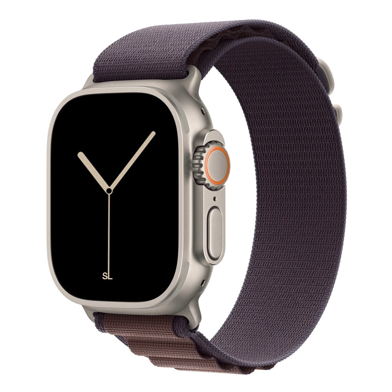 A indigo colour premium nylon watch strap band designed for adventurers and explorers that wear the Apple watch series 10 and Ultra 2
