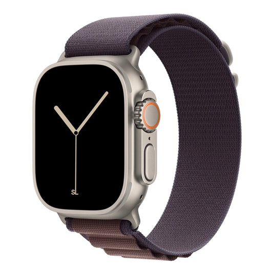 A indigo colour premium nylon watch strap band designed for adventurers and explorers that wear the Apple watch series 10 and Ultra 2