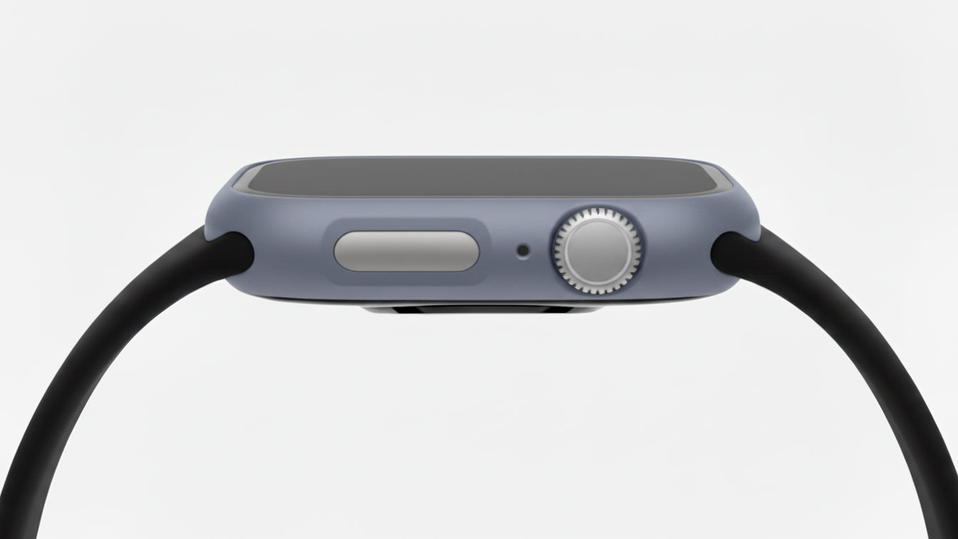 lavender grey Colour made from polycarbonate material protector with a strong built in tempered glass screen to protect your apple watch series 11 42mm and 46mm from damage displayed on a tilted angle