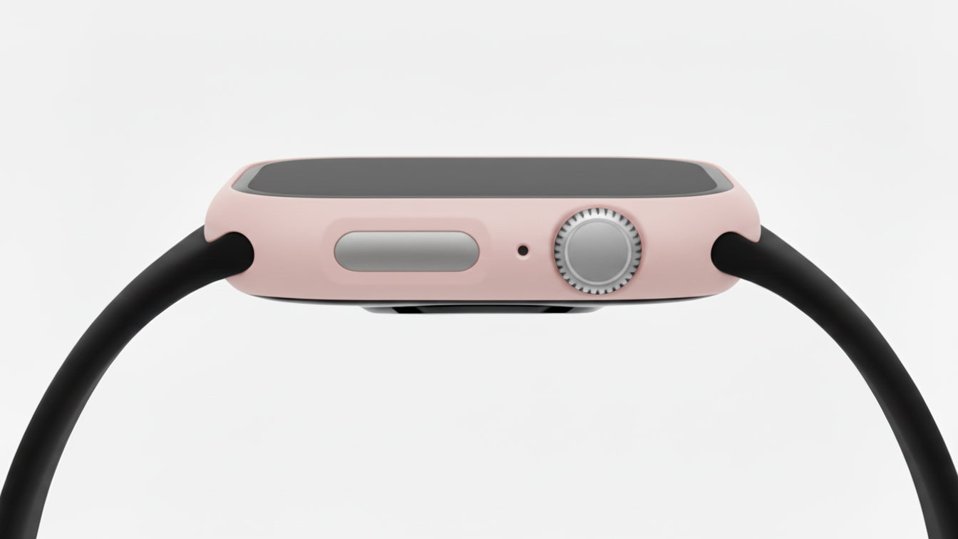 light pink Colour made from polycarbonate material protector with a strong built in tempered glass screen to protect your apple watch series 11 42mm and 46mm from damage displayed on a tilted angle