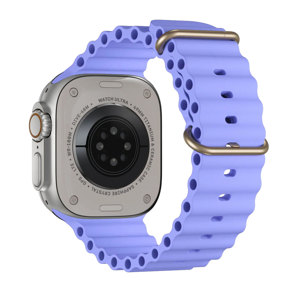 An Lilac Purple colour watch strap band made from silicone with two metal buckles on an Apple watch series 10 42mm/ 45mm/ 46mm and ultra 2 designed for the ocean and active sports