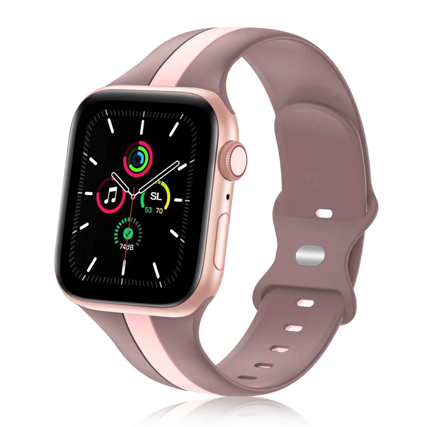 A mauve and pink two colour silicon sport strap for apple watch series 9 41mm