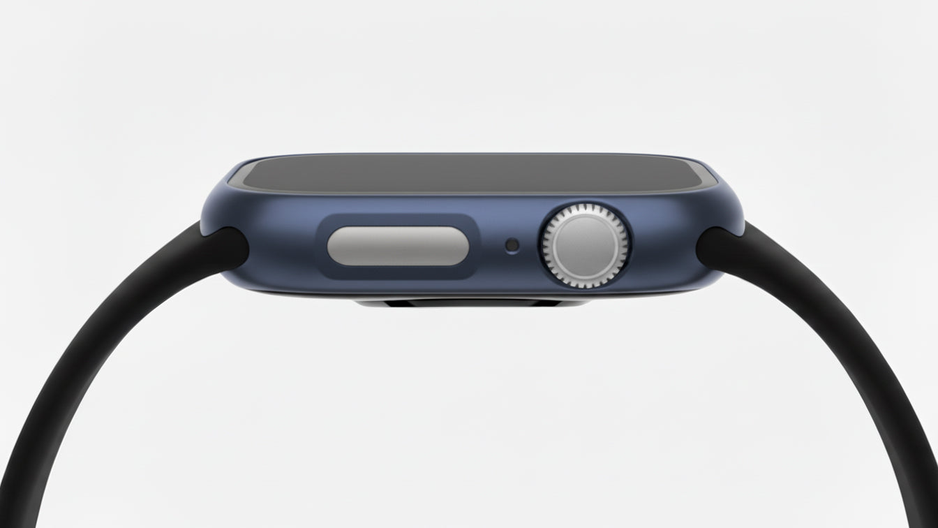 metallic Navy Colour made from polycarbonate material protector with a strong built in tempered glass screen to protect your apple watch series 11 42mm and 46mm from damage displayed on a tilted angle