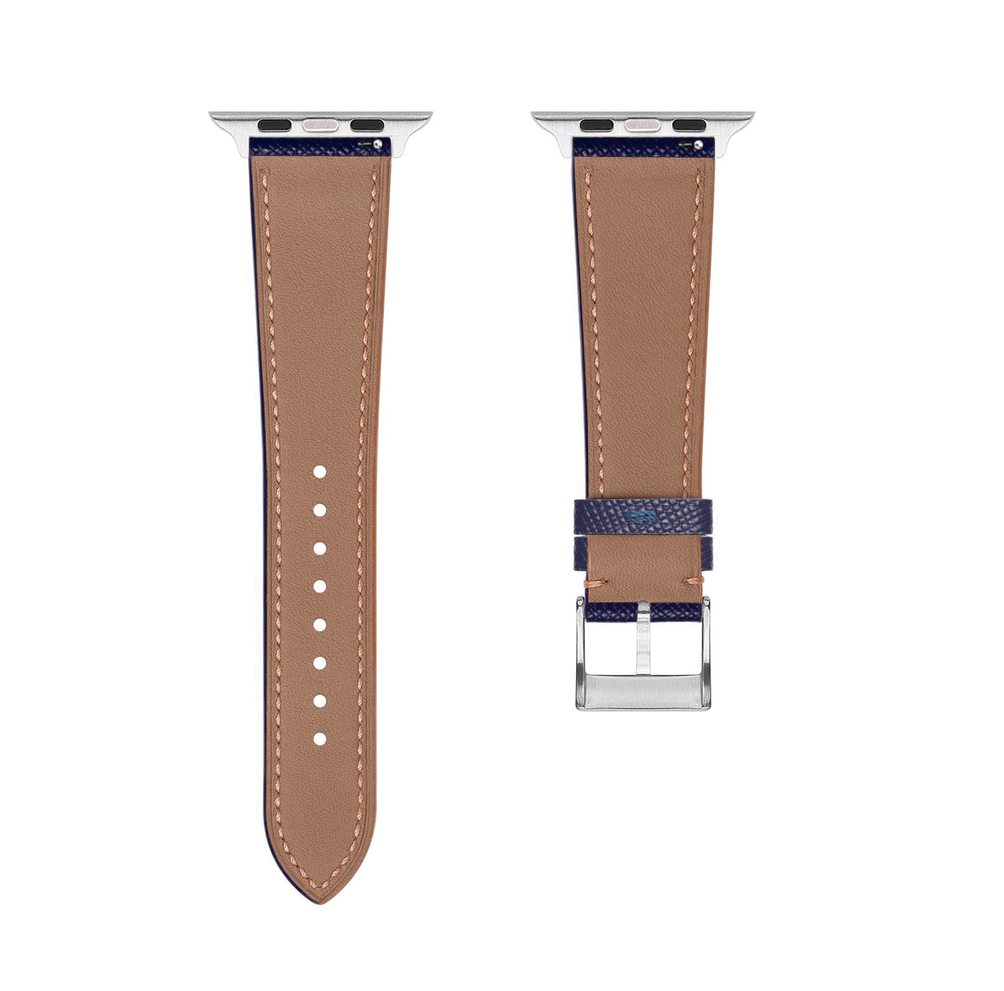 A set of navy blue coloured Saffiano leather pattern handcrafted for apple watch series 10 45mm and 46mm made for people to wear to work or to fancy event