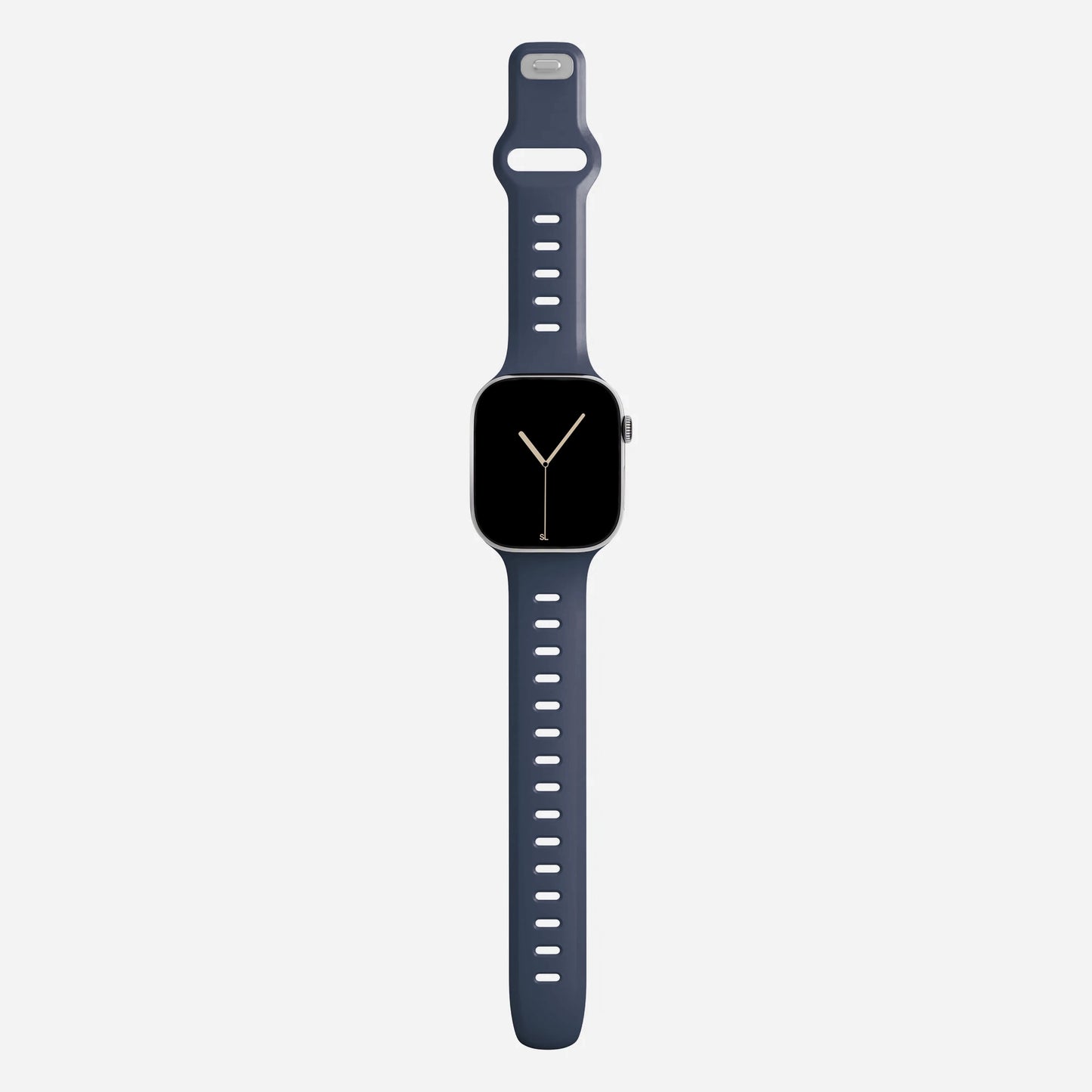 A navy blue colour premium silicone watch strap developed for apple watch series 11 size 42mm 46mm and apple watch ultra 3, designed for active sports activities with interior groves for breathability