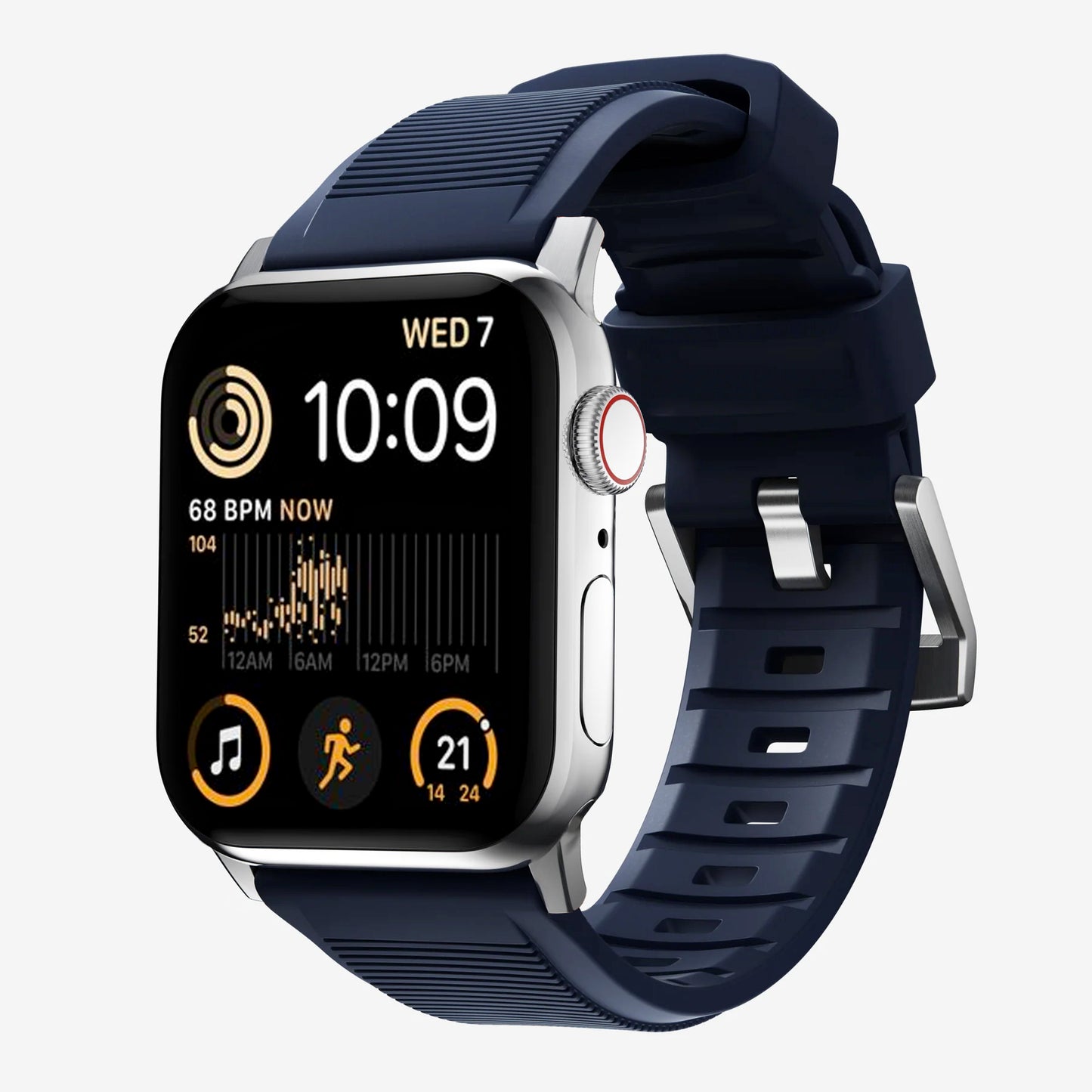New navy blue silicone with metal connectors, pin and buckle watch strap with compression grooves designed for apple watch series 10 45mm and ultra 2 side angle