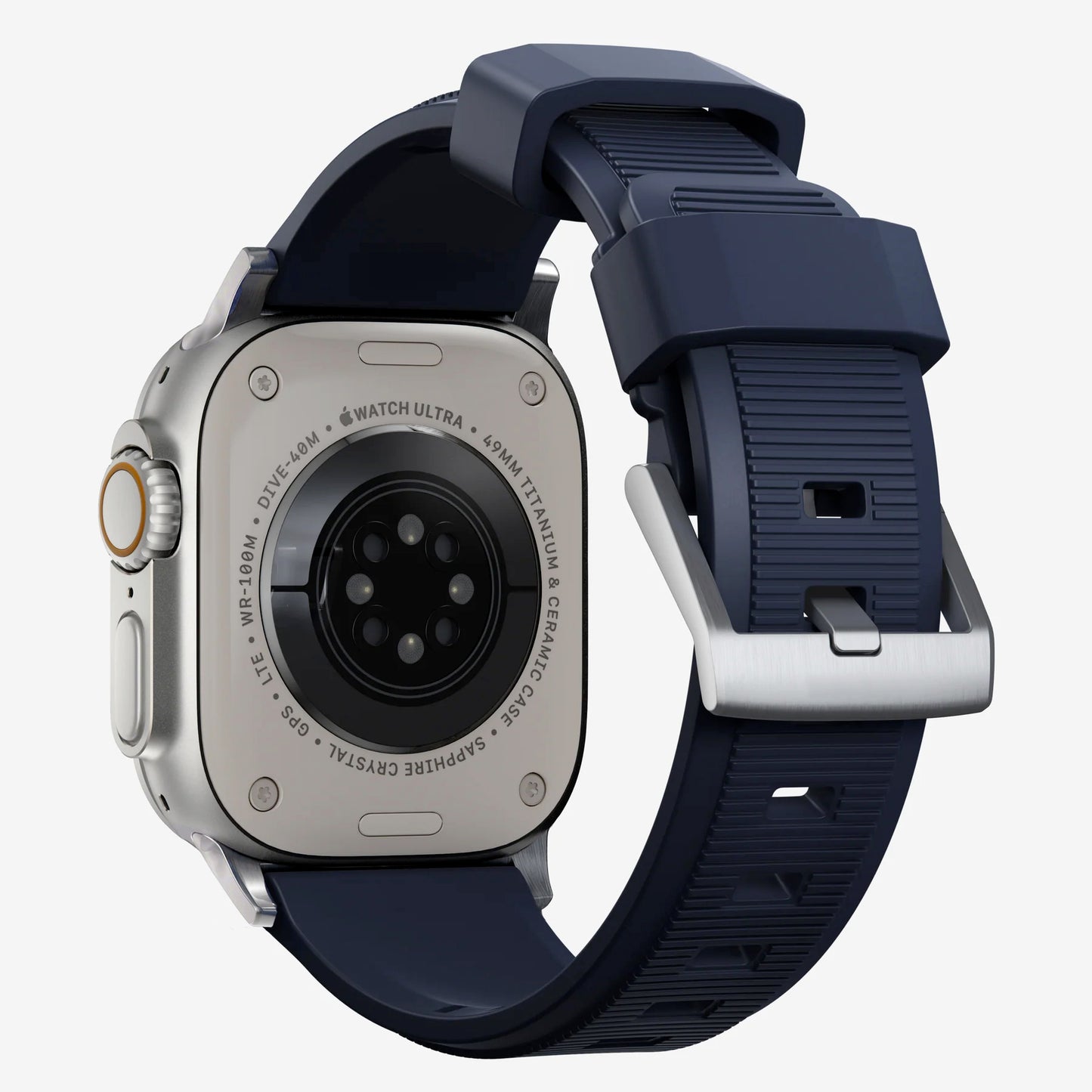 New navy blue silicone with metal connectors, pin and buckle watch strap with compression grooves designed for apple watch series 10 45mm and ultra 2 side angle