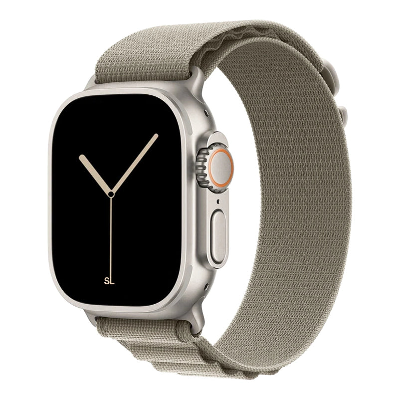 A olive grey colour premium nylon watch strap band designed for adventurers and explorers that wear the Apple watch series 10 and Ultra 2