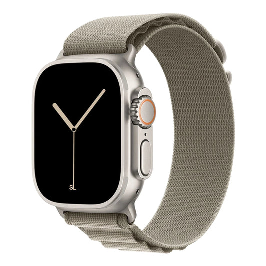 A olive grey colour premium nylon watch strap band designed for adventurers and explorers that wear the Apple watch series 10 and Ultra 2