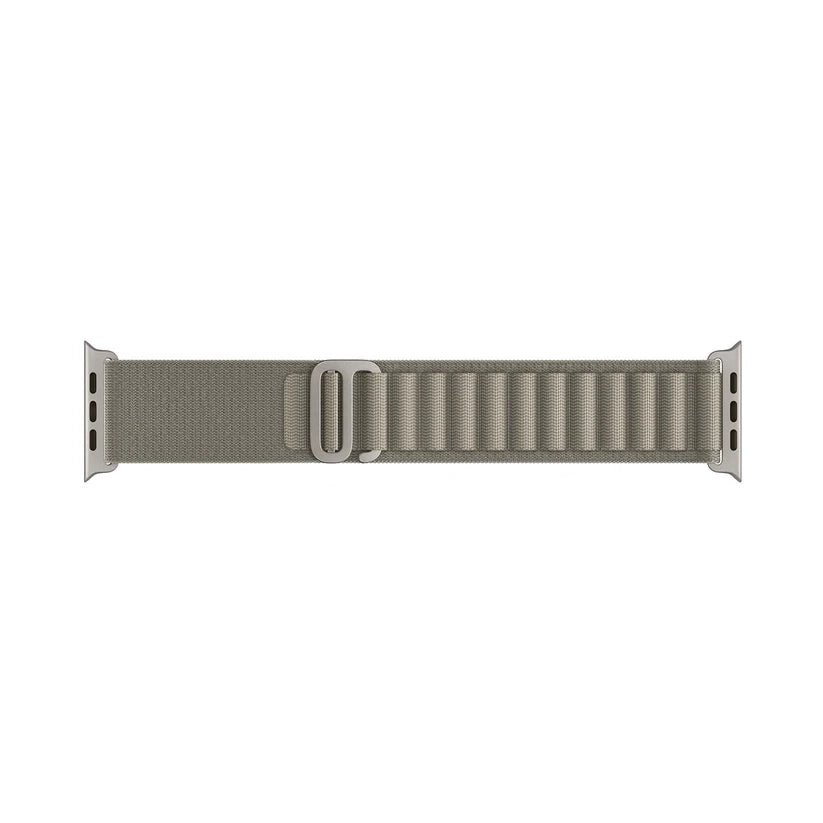 A olive grey colour premium nylon watch strap band designed for adventurers and explorers that wear the Apple watch series 10 and Ultra 2