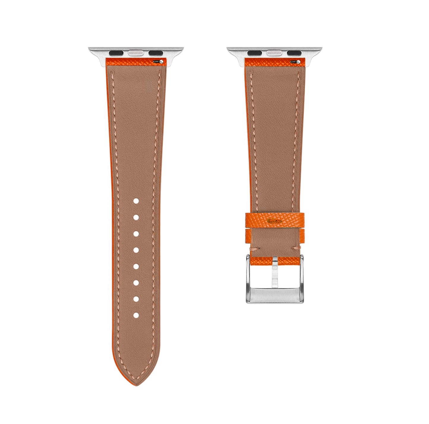 A set of orange coloured Saffiano leather pattern handcrafted for apple watch series 10 45mm and 46mm made for people to wear to work or to fancy event
