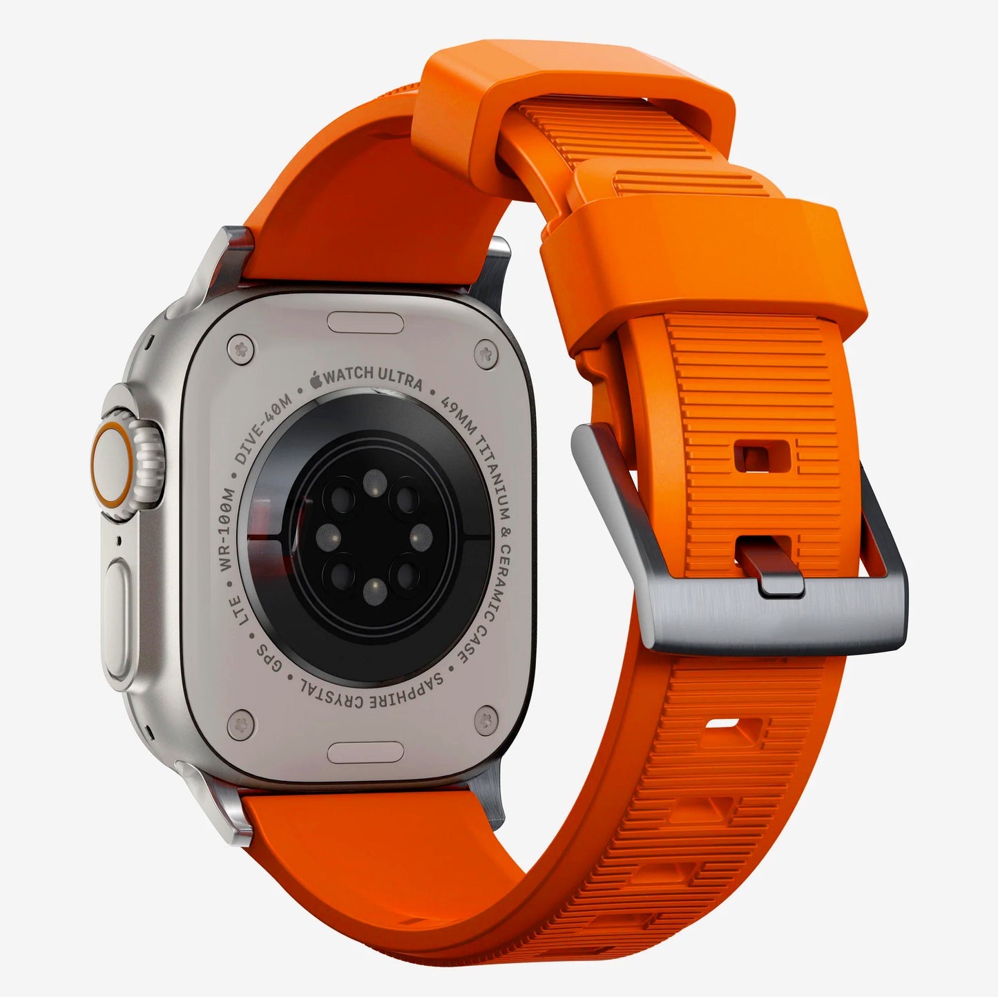 New orange silicon with metal connectors, pin and buckle watch strap with compression grooves designed for apple watch series 9 45mm and ultra 2