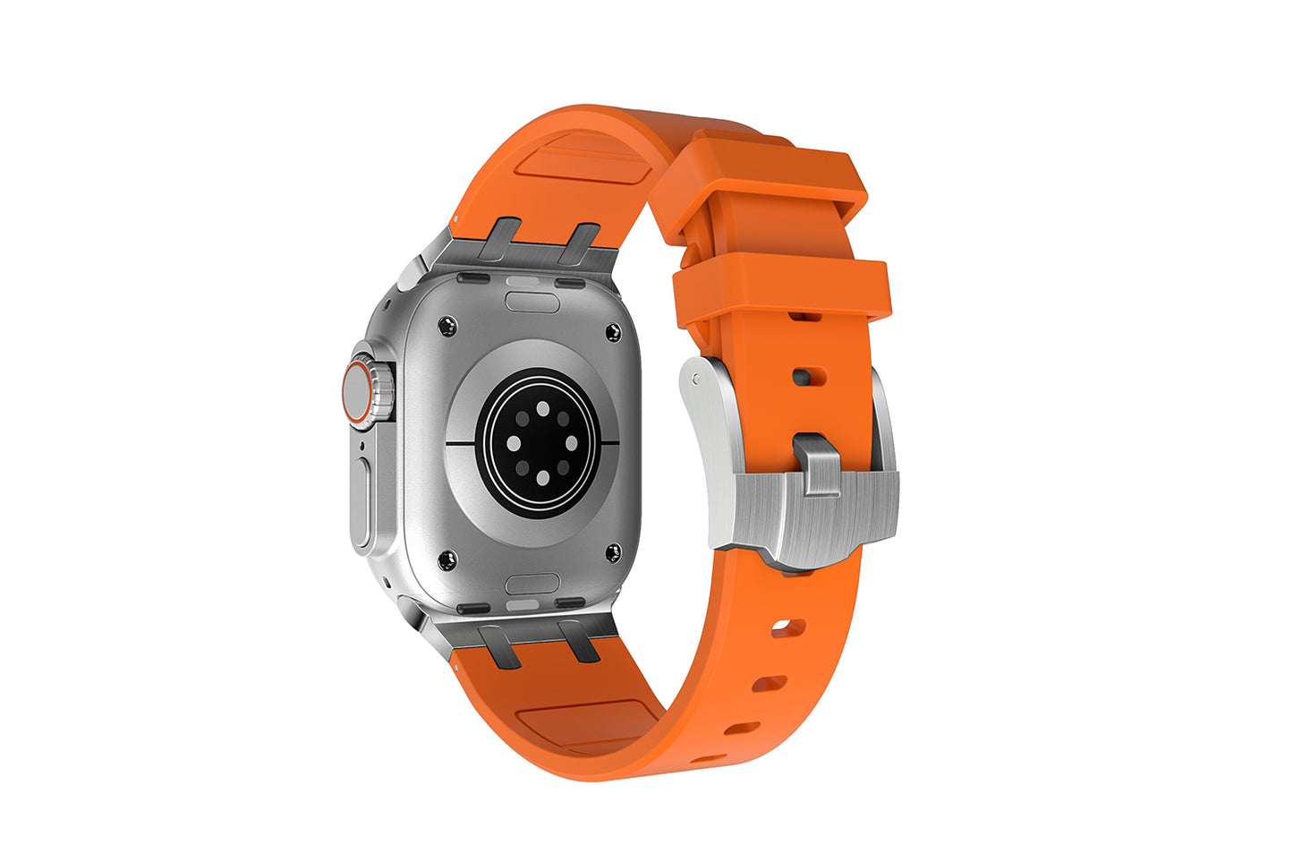 Premium Orange colour rubber with stainless steel metal connectors and buckles for Apple Watch Series 9 45mm and Ultra 2 49mm