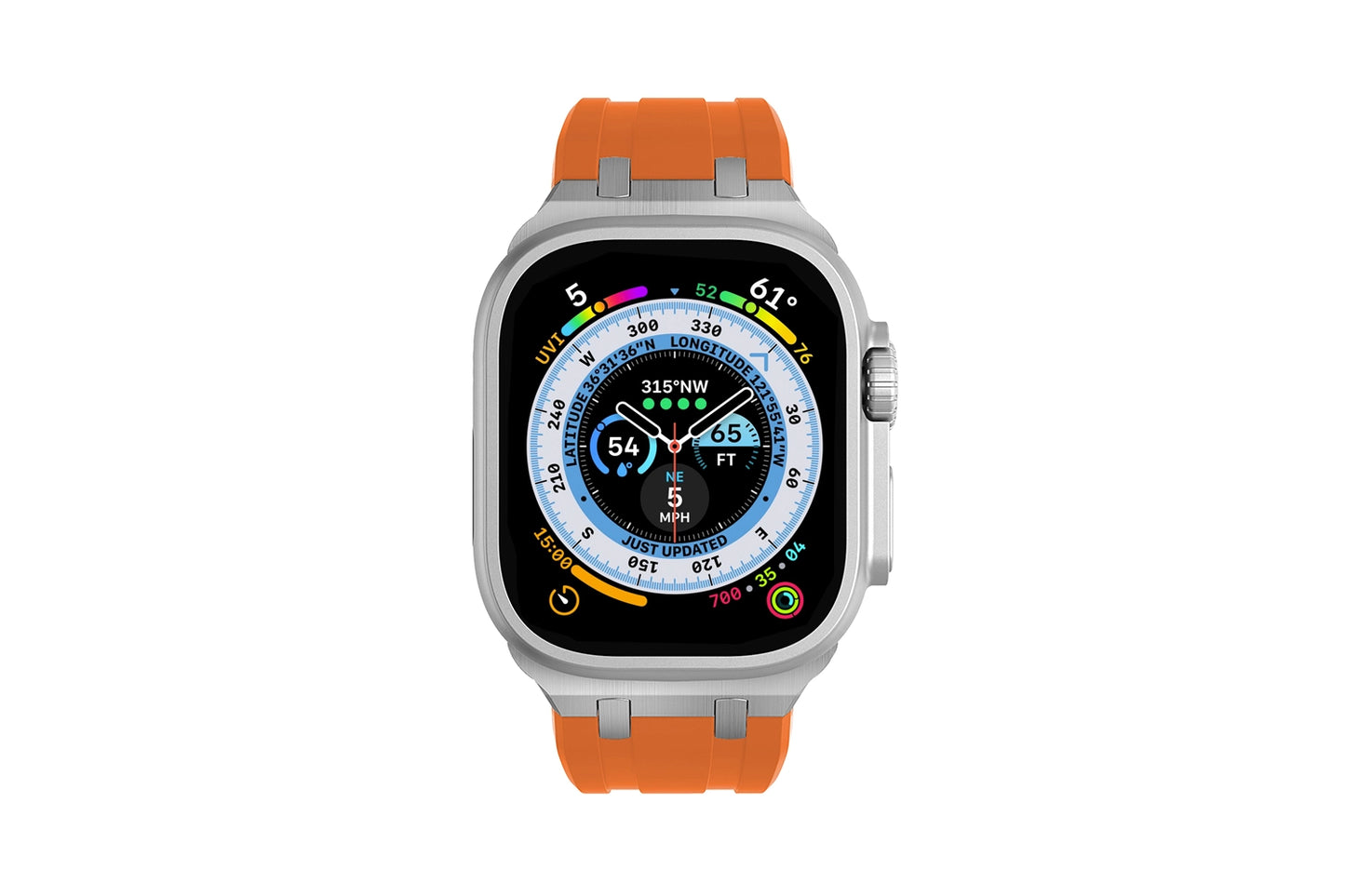 Premium Orange colour rubber with stainless steel metal connectors and buckles for Apple Watch Series 9 45mm and Ultra 2 49mm