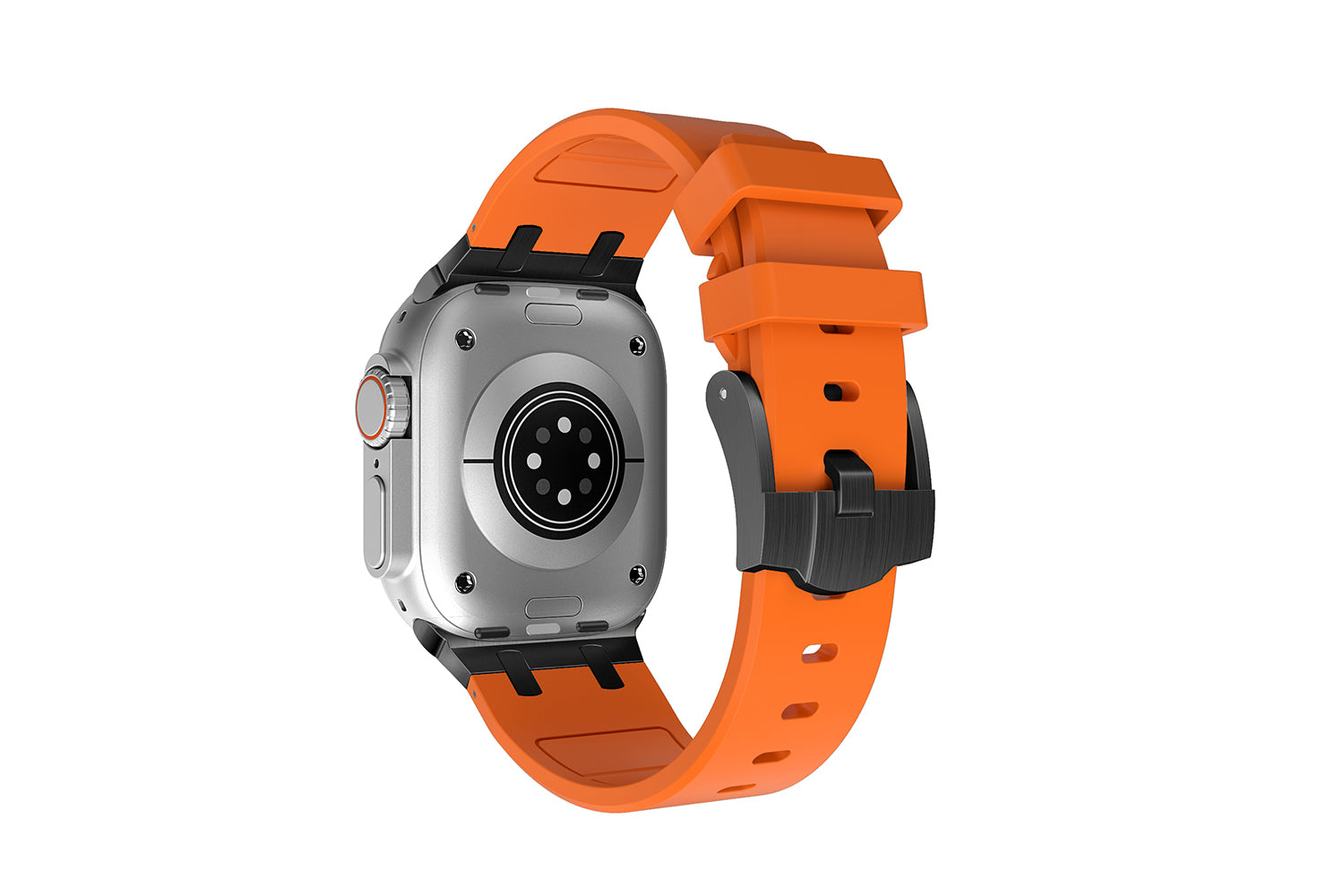 Premium Orange colour rubber with black stainless steel metal connectors and buckles for Apple Watch Series 9 45mm and Ultra 2 49mm