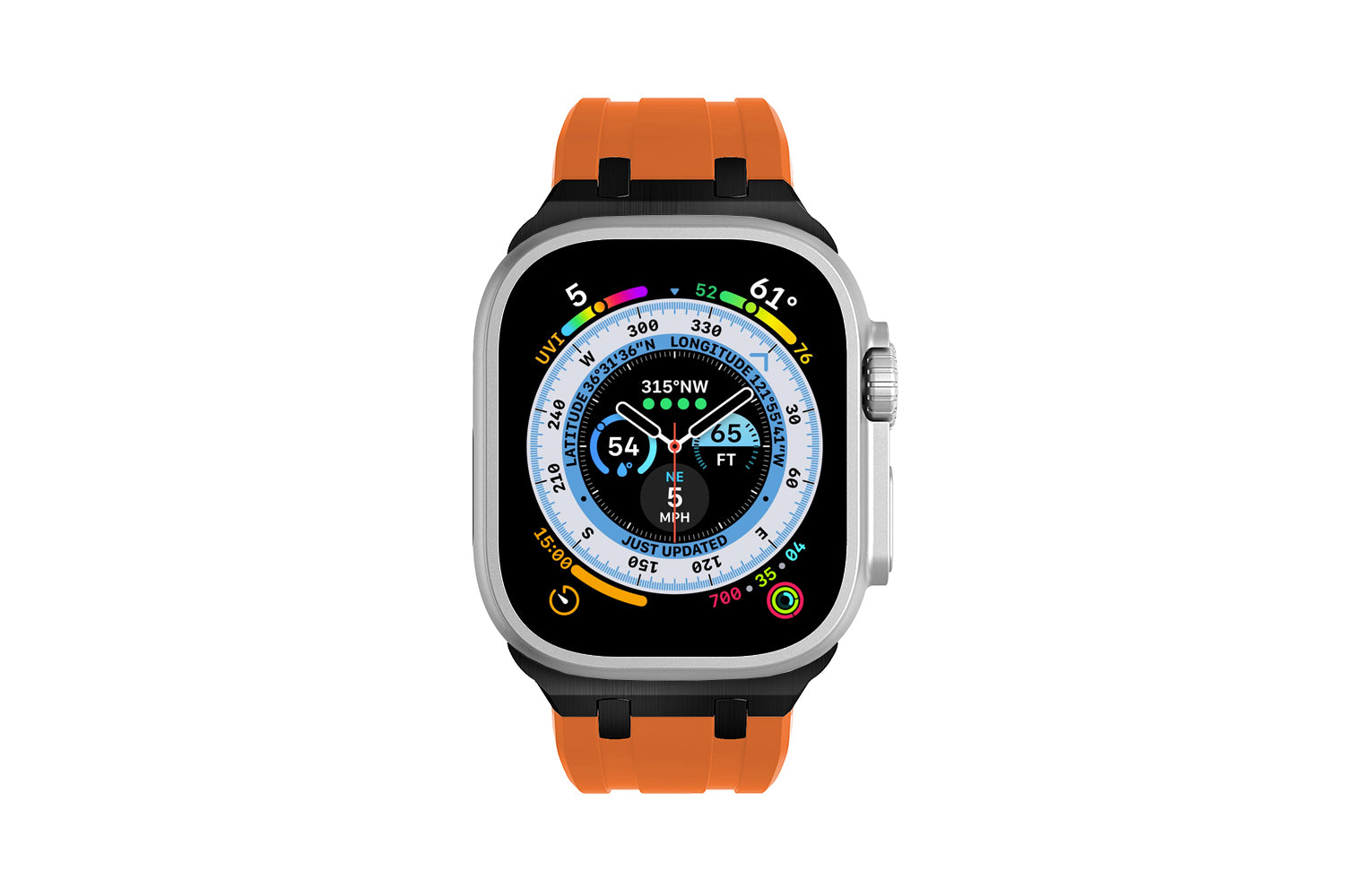 Premium Orange colour rubber with black stainless steel metal connectors and buckles for Apple Watch Series 9 45mm and Ultra 2 49mm