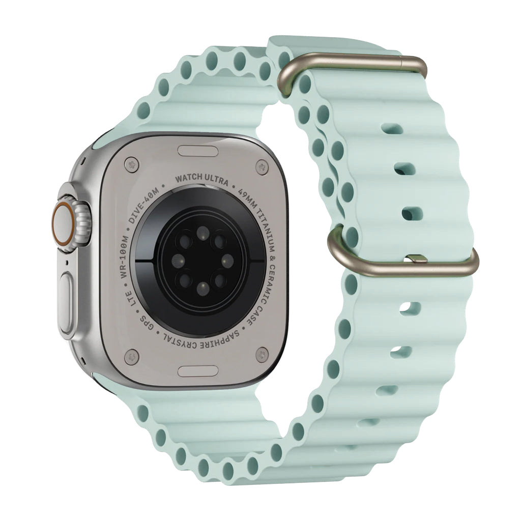 A pale blue colour watch strap band made from silicone with two metal buckles on an Apple watch series 10 42mm/ 45mm/ 46mm and ultra 2 designed for the ocean and active sports