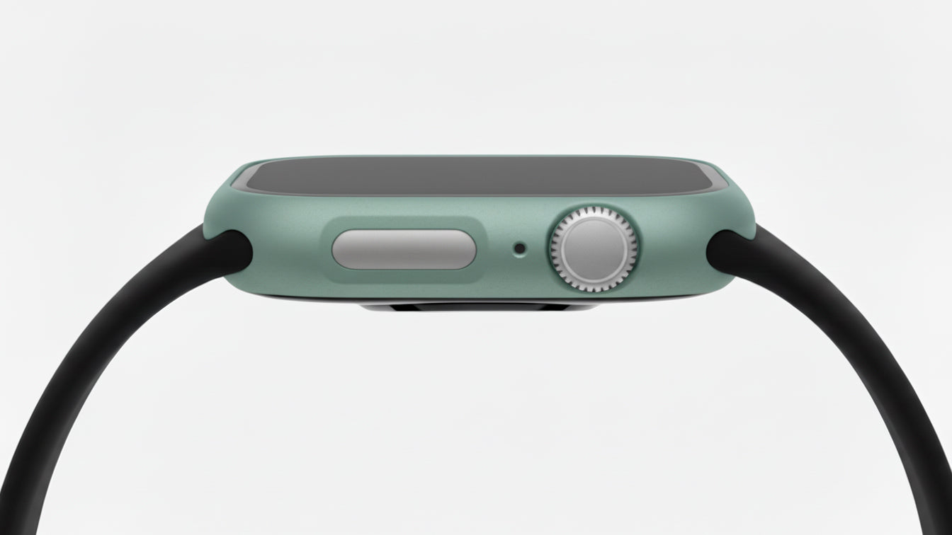 pine green Colour made from polycarbonate material protector with a strong built in tempered glass screen to protect your apple watch series 11 42mm and 46mm from damage displayed on a tilted angle