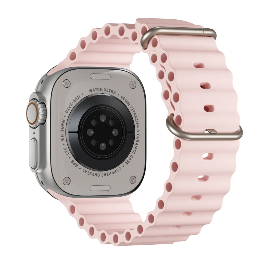 A Light Pink colour watch strap band made from silicone with two metal buckles on an Apple watch series 10 42mm/ 45mm/ 46mm and ultra 2 designed for the ocean and active sports