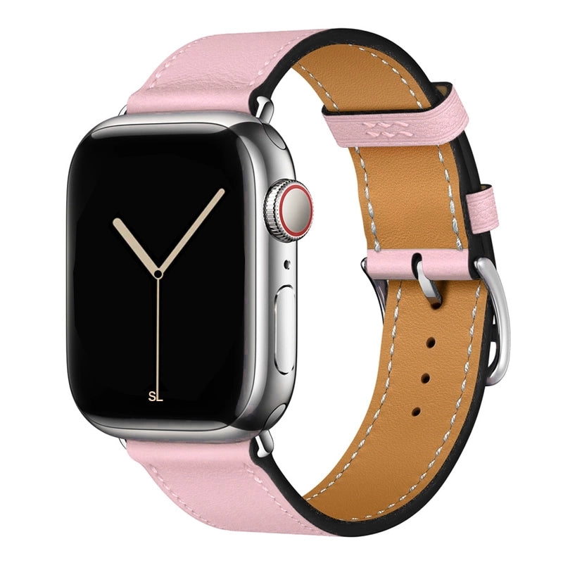 A handmade pink with white stitching genuine leather single tour watch strap on an apple watch series 10 42mm and 45mm and 46mm.