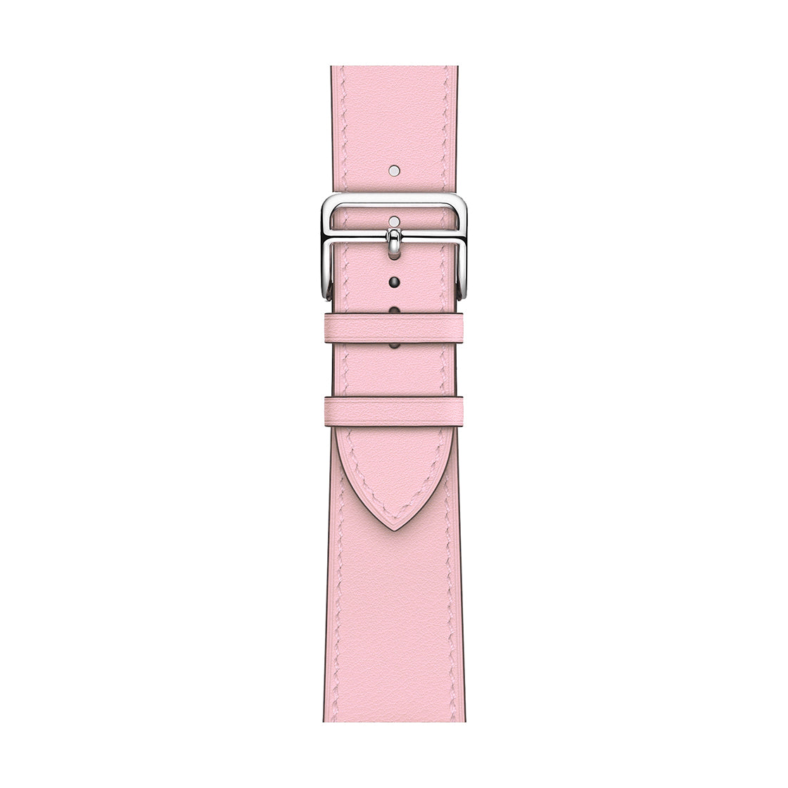 A handmade pink with white stitching genuine leather single tour watch strap on an apple watch series 10 42mm and 45mm and 46mm.