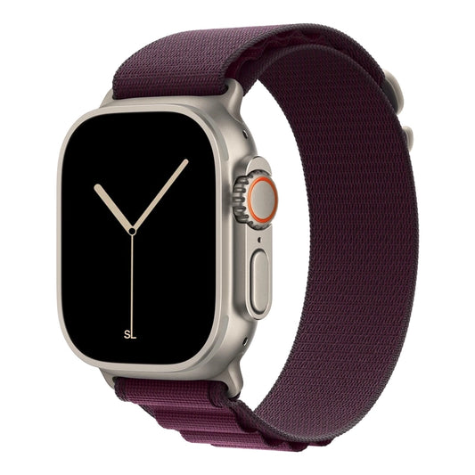 A plum colour premium nylon watch strap band designed for adventurers and explorers that wear the Apple watch series 10 and Ultra 2